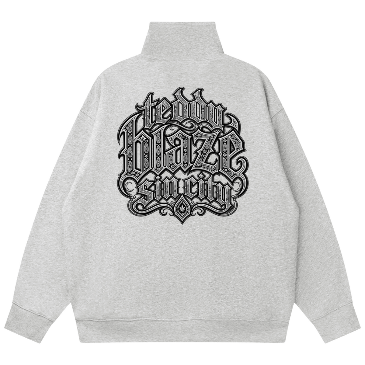 Elevate your layering game with the Teddy Blaze Sin City Sacred Quarter-Zip. Heather gray fleece pullover, convertible zip collar, and tattoo praying hands graphic. Shop NYC to Vegas style.