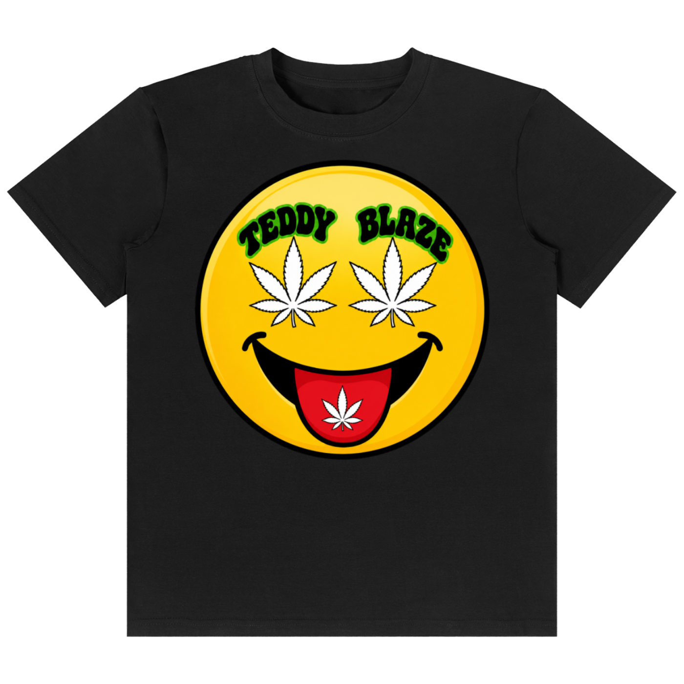 A black short-sleeve crewneck t-shirt featuring a large yellow smiley face graphic on the chest. The graphic has white cannabis leaves for eyes, a black mustache, a red tongue, and a white cannabis leaf on the tongue.