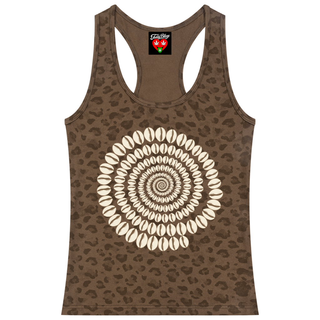 A brown racerback tank top with a dark brown leopard print pattern and a large circular shell-like spiral graphic printed on the front, displayed against a solid white background.