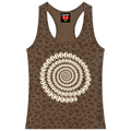A brown racerback tank top with a dark brown leopard print pattern and a large circular shell-like spiral graphic printed on the front, displayed against a solid white background.