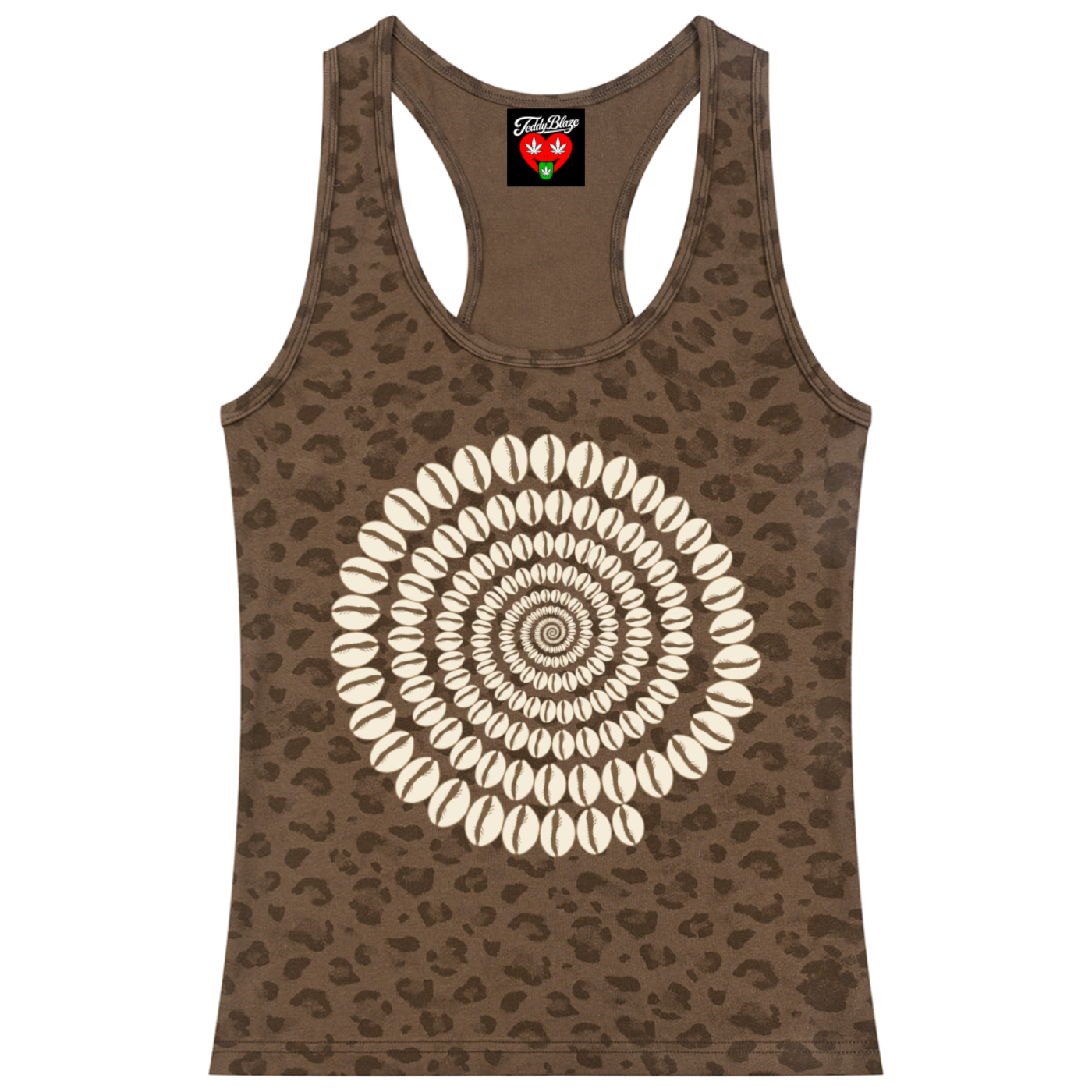 A brown racerback tank top with a dark brown leopard print pattern and a large circular shell-like spiral graphic printed on the front, displayed against a solid white background.