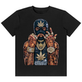 A black short-sleeve crewneck t-shirt featuring a large graphic print of a person in a black balaclava with a gold cannabis leaf on the forehead, wearing gold chains and rings, making a hand gesture.