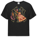 A black short-sleeve t-shirt with a large graphic print on the front. The graphic features a cartoon mouse wearing a black hat with a green leaf emblem, holding a slice of pizza that reads 'TEDDY BLAZE', set against a gold interlocking NY logo.