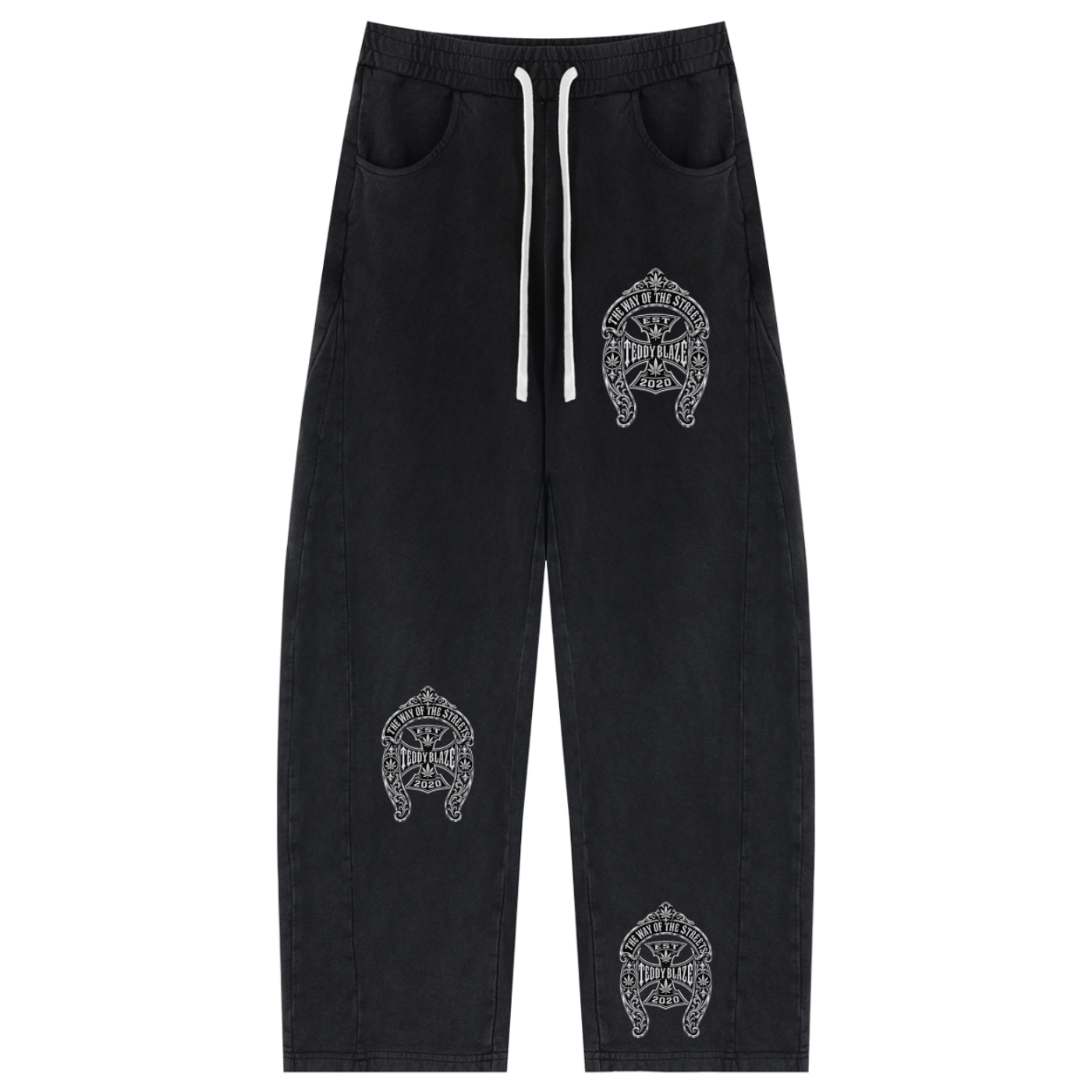 Black drawstring sweatpants with three white embroidered tribal-style logos, one on the right thigh and two on the lower legs, shown flat on a white background.
