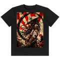 A black short-sleeve crewneck t-shirt featuring a large rectangular graphic print on the front. The graphic depicts a Japanese samurai warrior with a hat and sword, set against a background with a red and white striped circle, Japanese calligraphy, and traditional architectural elements.