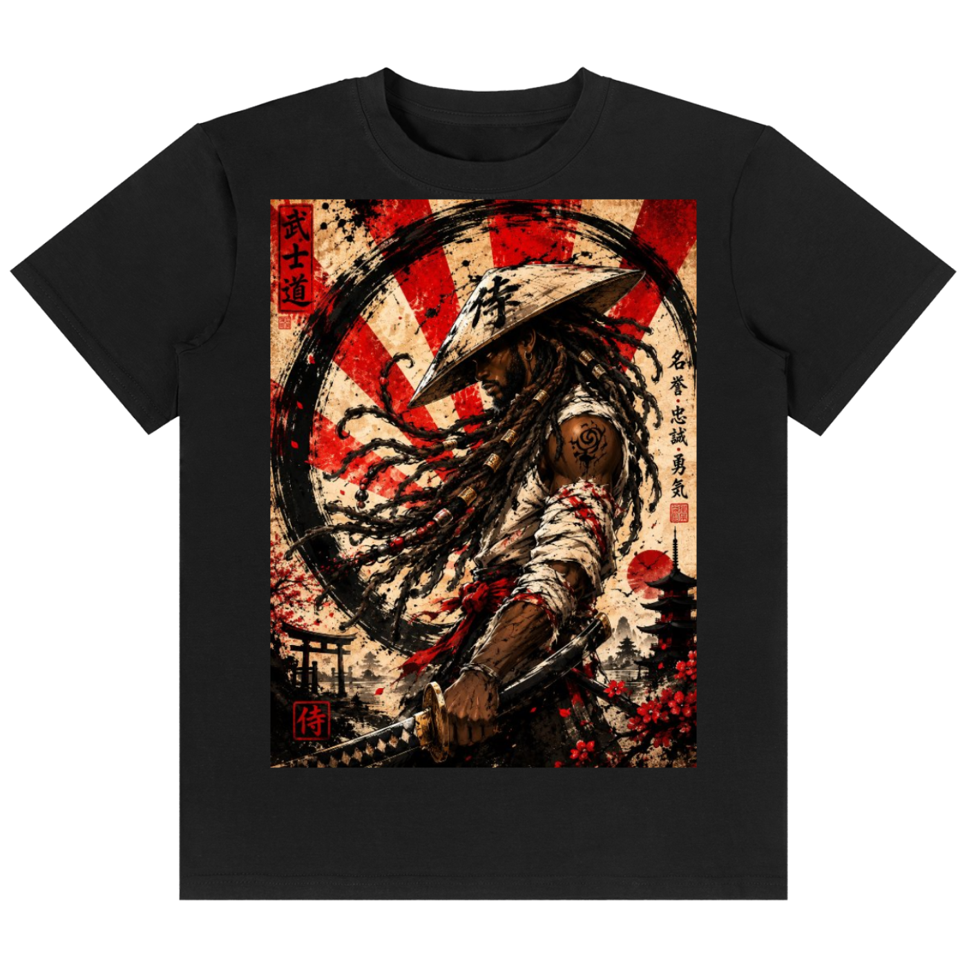 A black short-sleeve crewneck t-shirt featuring a large rectangular graphic print on the front. The graphic depicts a Japanese samurai warrior with a hat and sword, set against a background with a red and white striped circle, Japanese calligraphy, and traditional architectural elements.