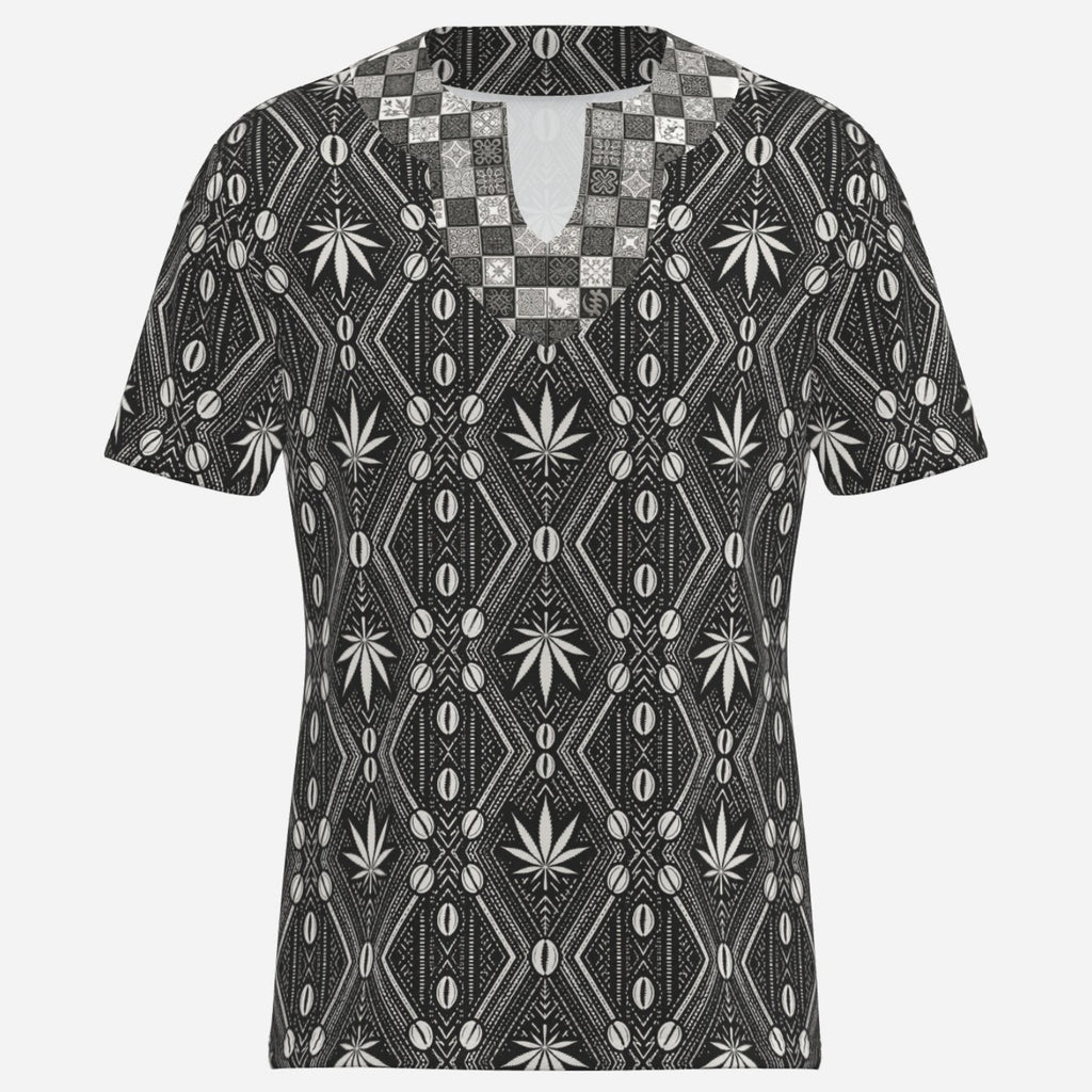 Teddy Blaze DaChek Check Notch Collar Tee with black and white African-inspired cowrie shell and cannabis leaf pattern
