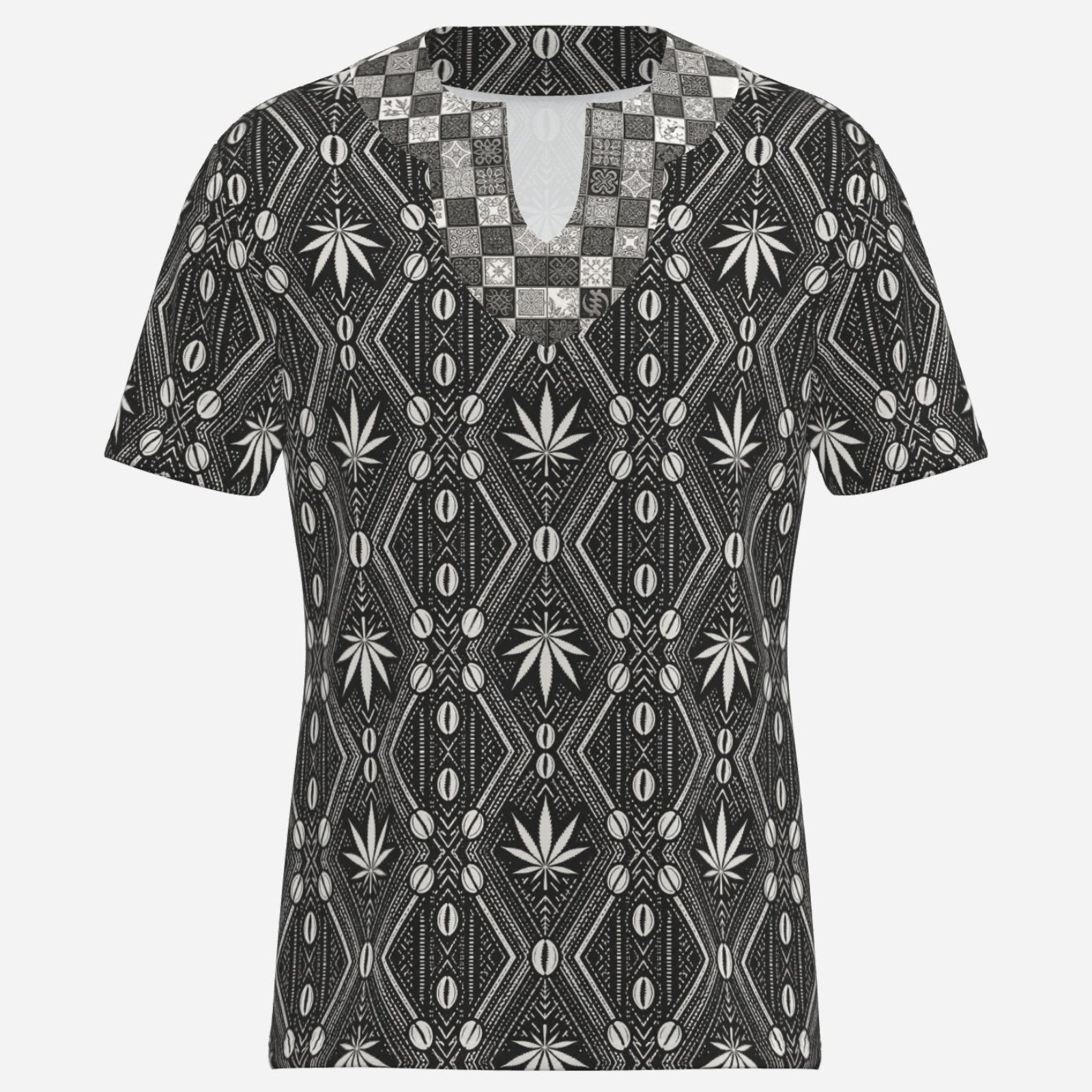Teddy Blaze DaChek Check Notch Collar Tee with black and white African-inspired cowrie shell and cannabis leaf pattern