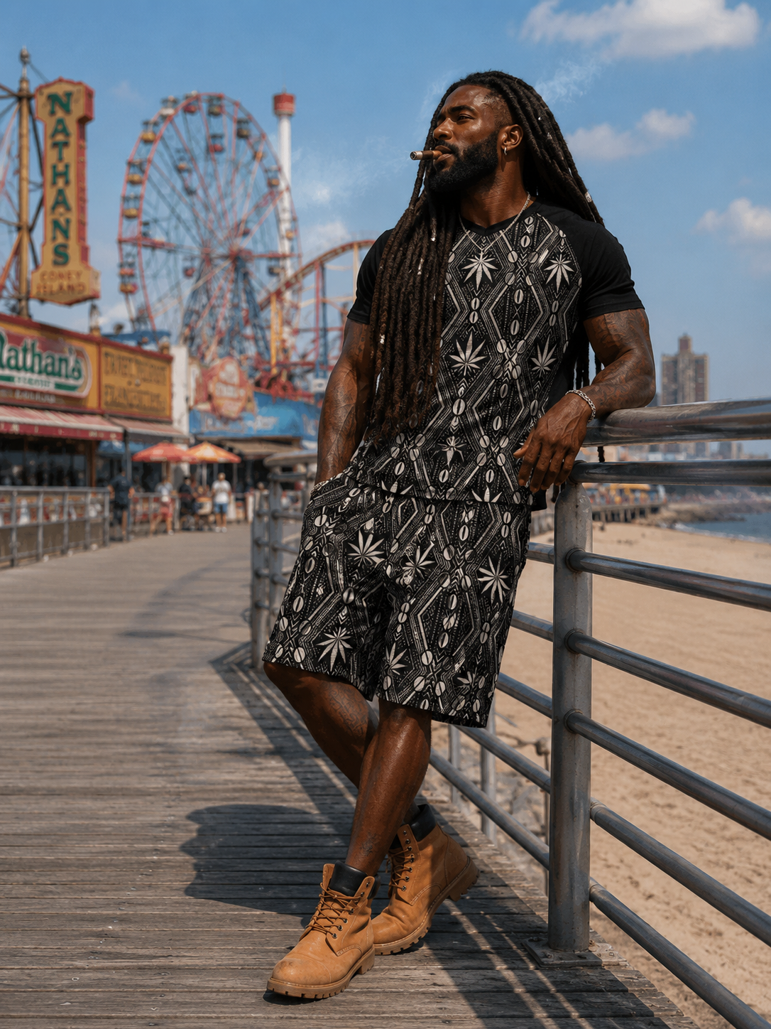 A regular-fit cotton-feel raglan tee with black color-block sleeves, V-neckline and the DaChek house pattern from Teddy Blaze.