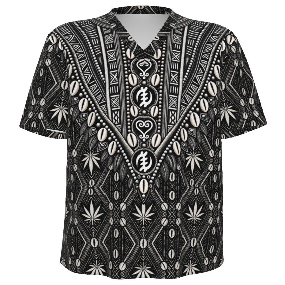 The DaChek Dashiki combines Teddy Blaze's signature textile with cowrie and Adinkra-inspired ornamentation, short sleeves and functional patch pockets.