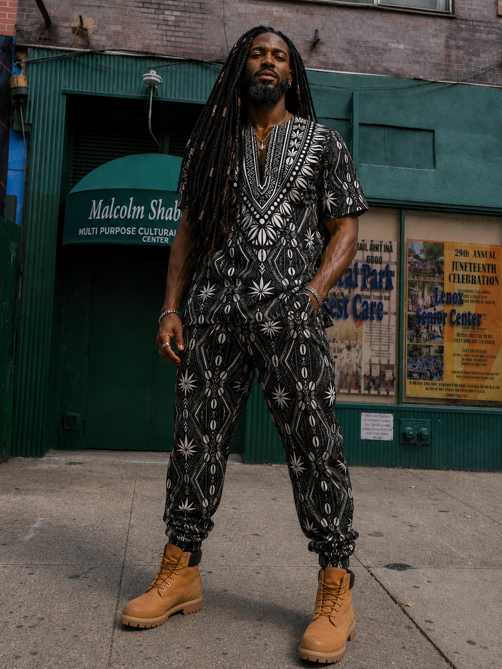 A lightweight, breathable DaChek dashiki with short sleeves, a patterned V neckline and two waist patch pockets from Teddy Blaze.