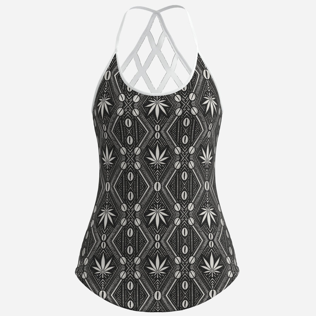 Women’s DaChek halter tank in soft stretch milk silk with a statement open lattice razorback, breathable comfort and bold Teddy Blaze pattern.