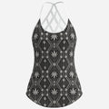 Women’s DaChek halter tank in soft stretch milk silk with a statement open lattice razorback, breathable comfort and bold Teddy Blaze pattern.