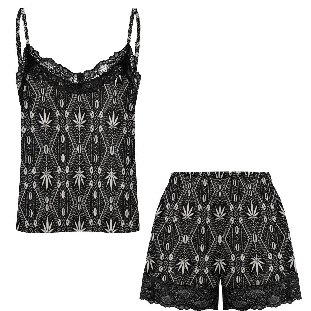Relax in the DaChek cami and shorts pajama set, made from soft stretch fabric with black floral lace trim and Teddy Blaze house pattern.