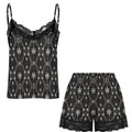 Relax in the DaChek cami and shorts pajama set, made from soft stretch fabric with black floral lace trim and Teddy Blaze house pattern.