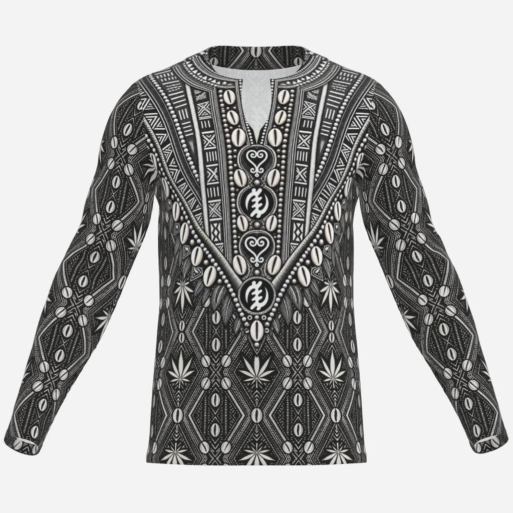 A long-sleeve DaChek™ Dashiki in 190 GSM pearl mesh polyester, finished with a notched collar and bold geometric panel graphics.