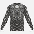 A long-sleeve DaChek™ Dashiki in 190 GSM pearl mesh polyester, finished with a notched collar and bold geometric panel graphics.