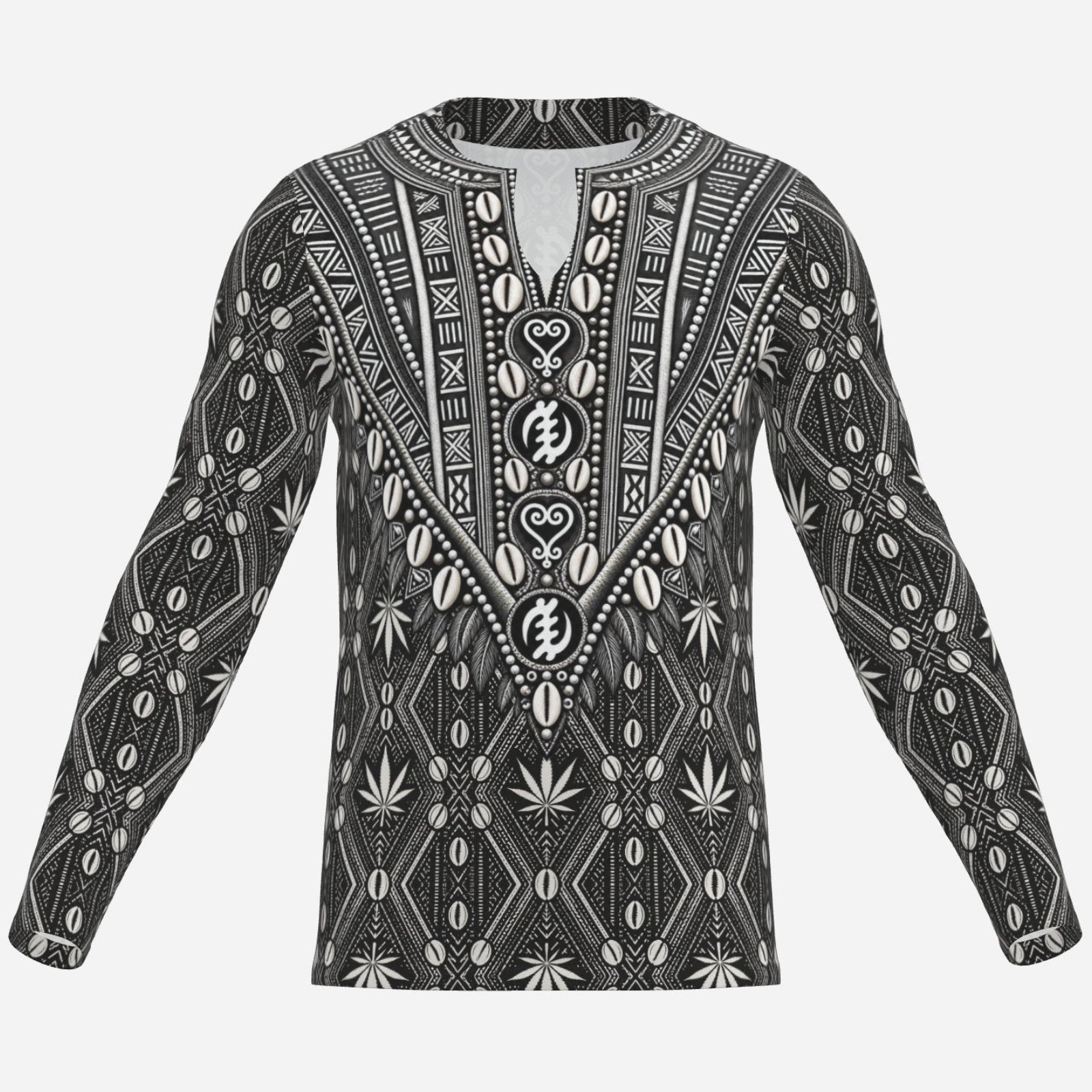 A long-sleeve DaChek™ Dashiki in 190 GSM pearl mesh polyester, finished with a notched collar and bold geometric panel graphics.