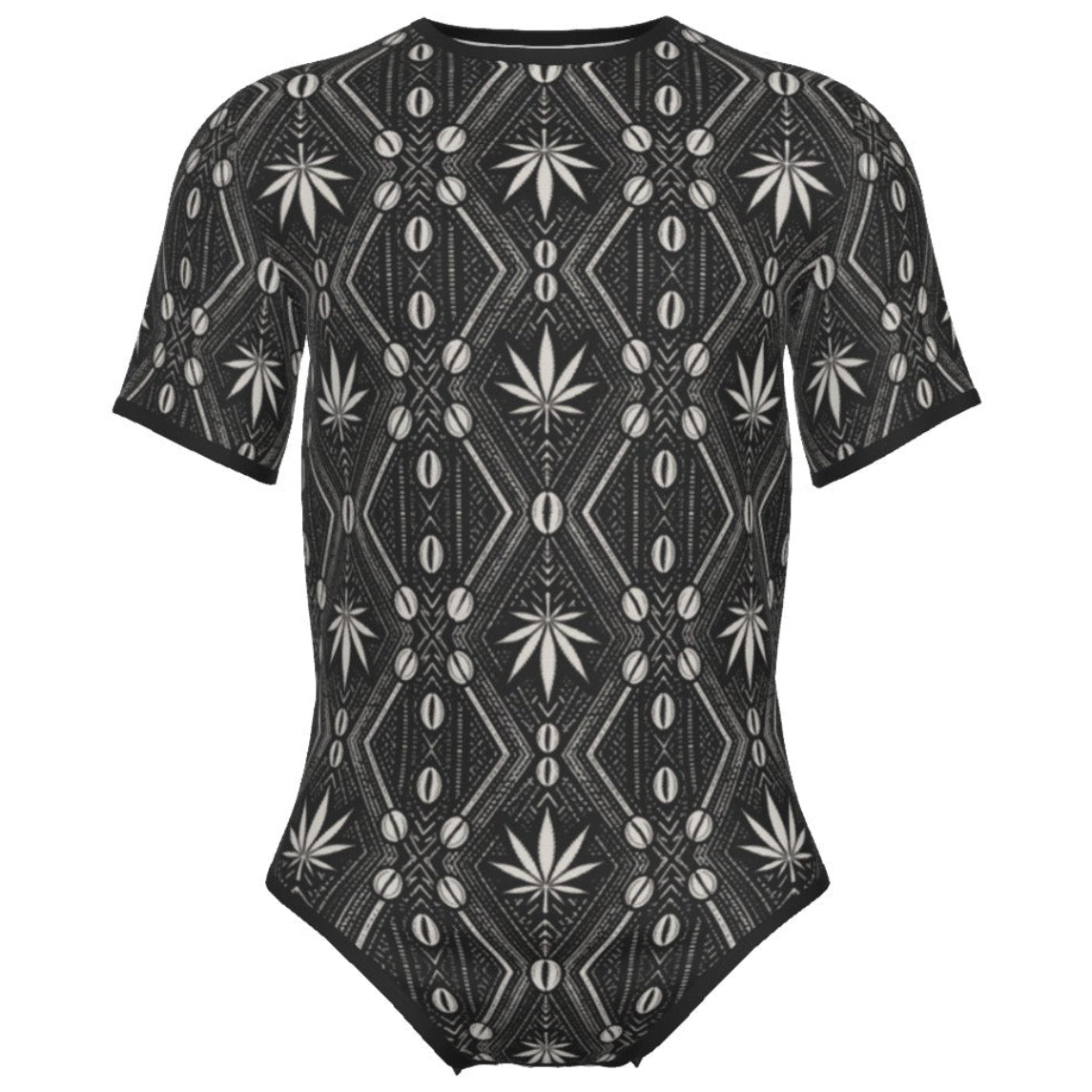 The DaChek Male Short Sleeve Bodysuit brings Teddy Blaze's signature Afrocentric print to a sleek stretch silhouette designed for layering, styling and after-dark dressing.