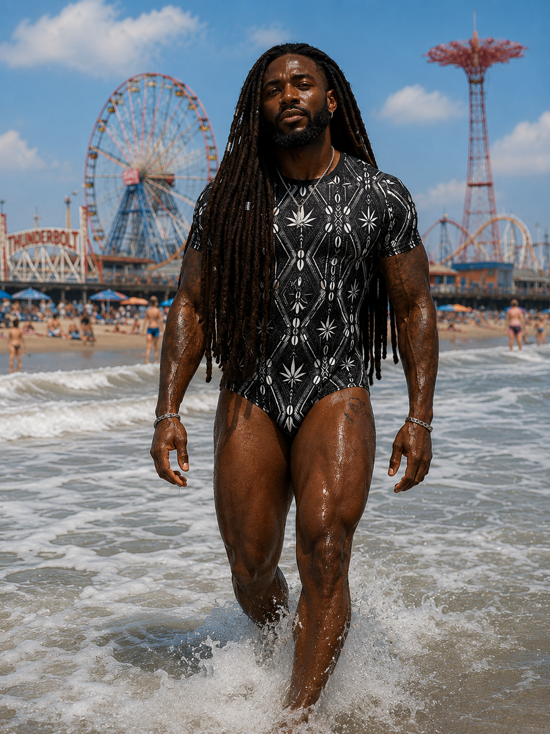 A stretch short-sleeve male bodysuit in the DaChek house pattern, with bottom snap closures and a streamlined regular fit from Teddy Blaze.