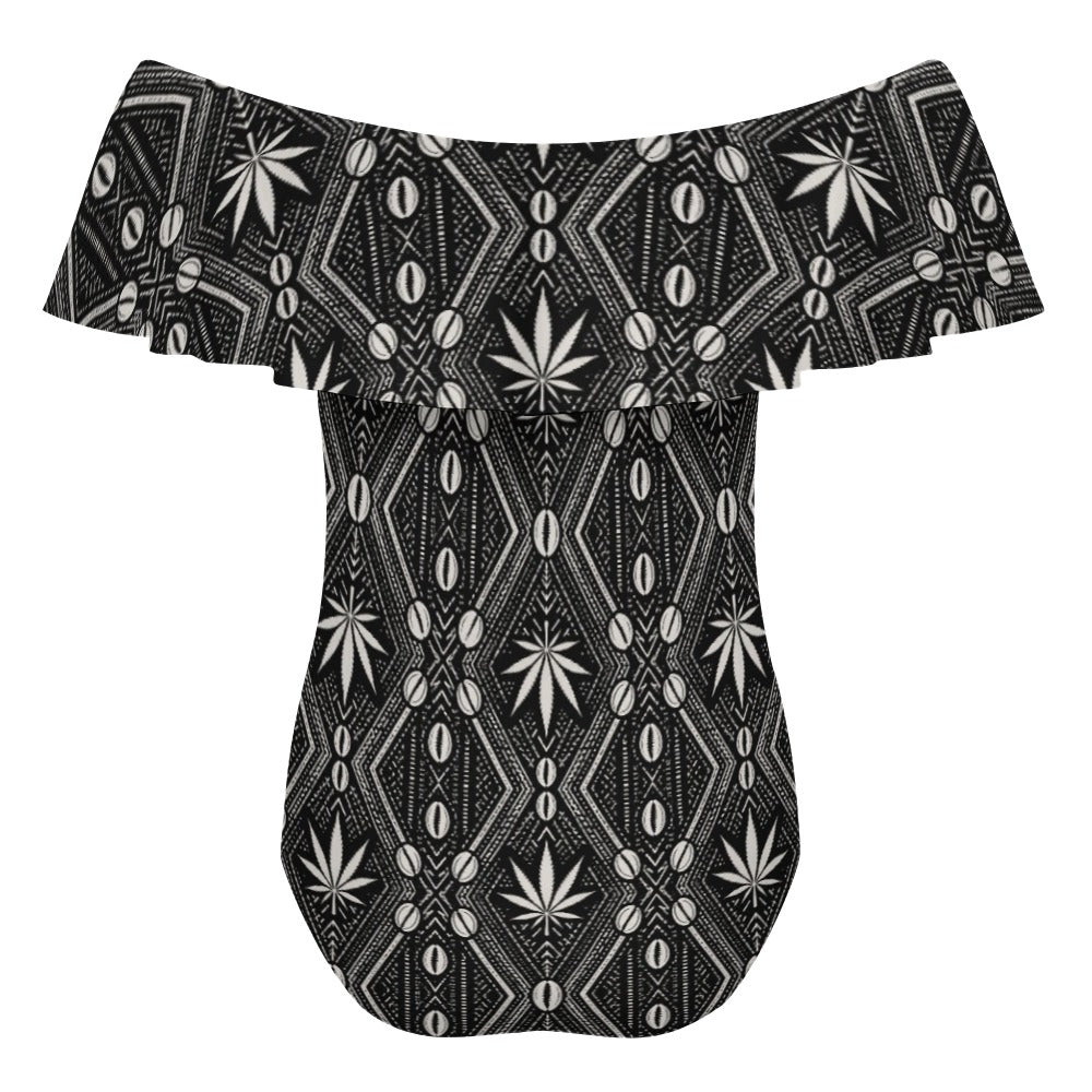 Shop the DaChek off-the-shoulder monokini with a flounced neckline, classic coverage and bold black-and-white Teddy Blaze pattern.