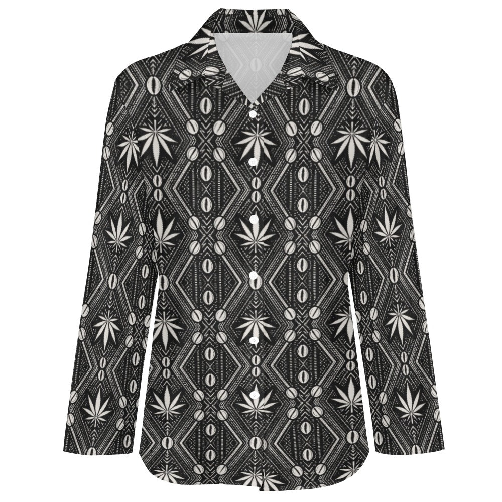 Shop the DaChek long-sleeve button-down with an elongated fit, high side splits and bold black-and-white Teddy Blaze house pattern.