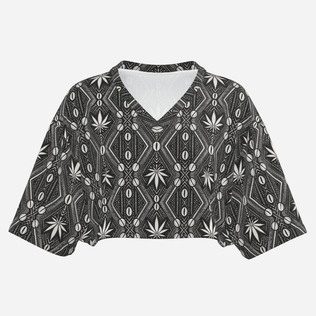 A lightweight DaChek™ crop top with a V-neckline, relaxed batwing sleeves, and stretch polyester fabric from Teddy Blaze.