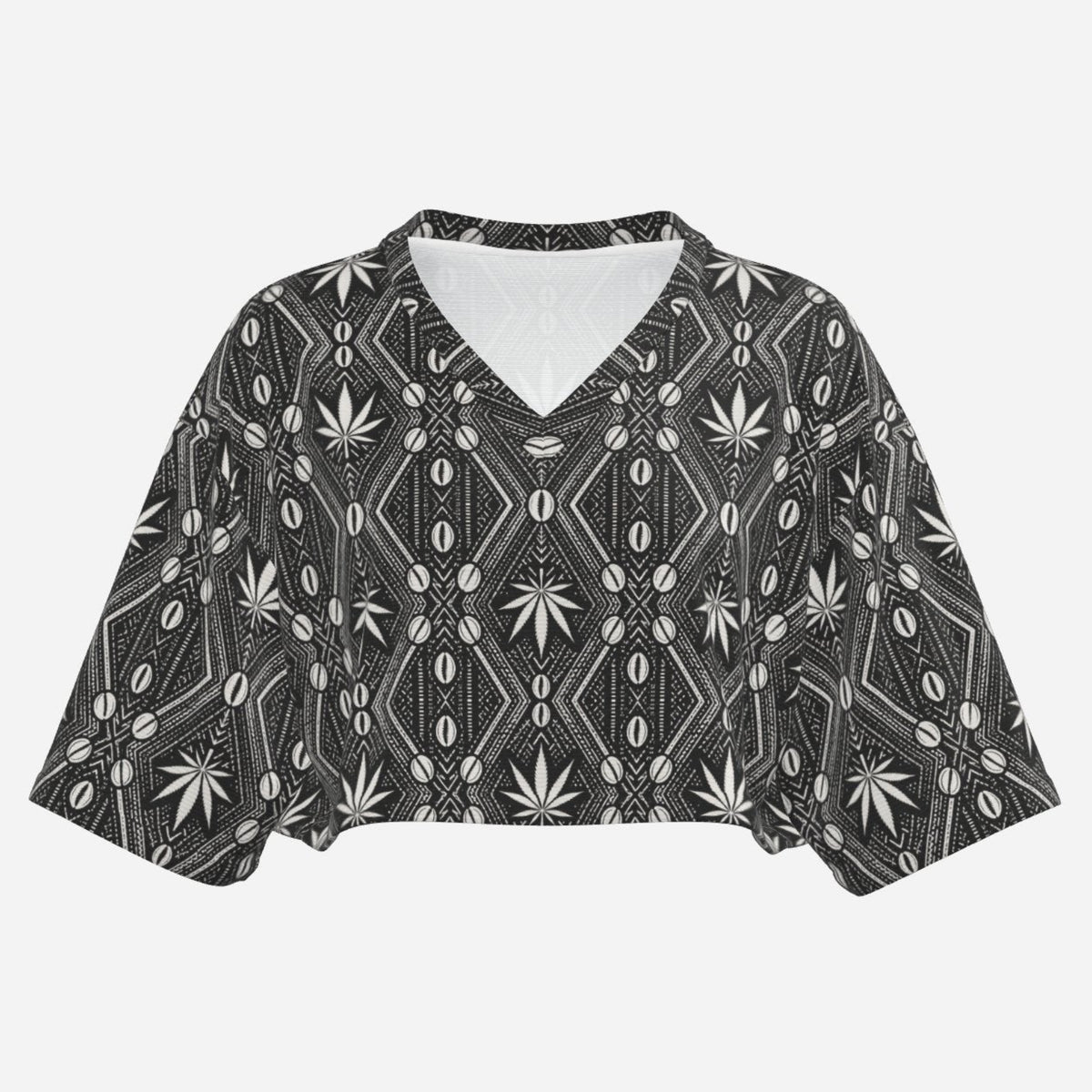 A lightweight DaChek™ crop top with a V-neckline, relaxed batwing sleeves, and stretch polyester fabric from Teddy Blaze.