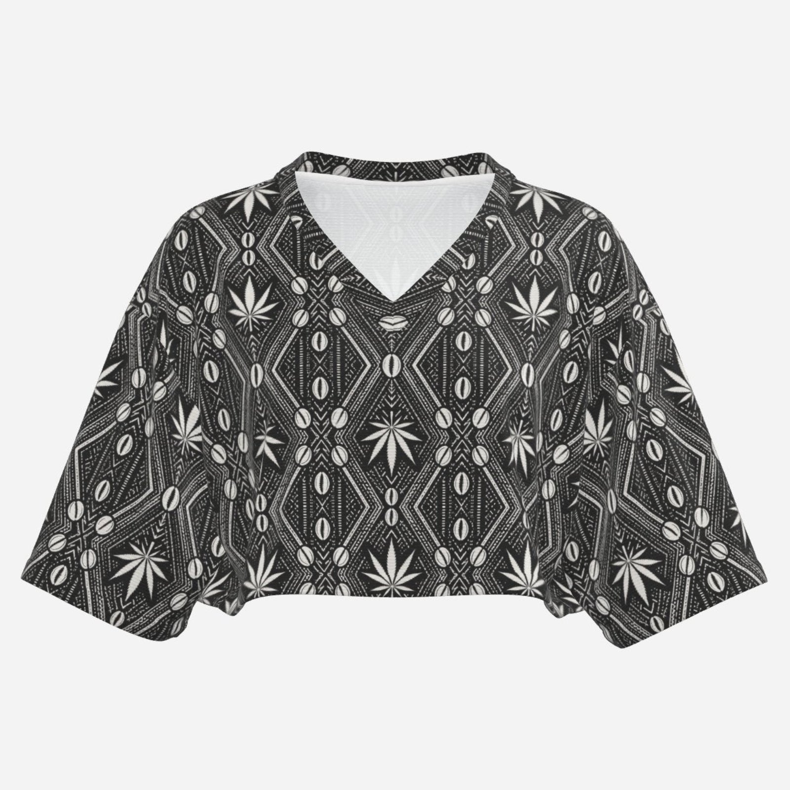 A lightweight DaChek™ crop top with a V-neckline, relaxed batwing sleeves, and stretch polyester fabric from Teddy Blaze.