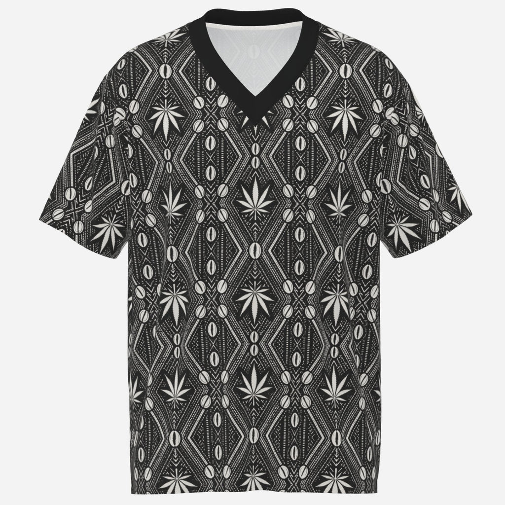 Meta Description: DaChek V-neck sports tee in 180 GSM cooling stretch fabric with UPF 50+ protection, contrast collar and signature Teddy Blaze Black Ivy pattern