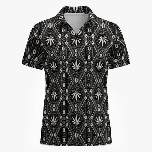 A regular-fit birdseye polyester polo with an open V-neck collar and Teddy Blaze’s black-and-white DaChek house pattern.