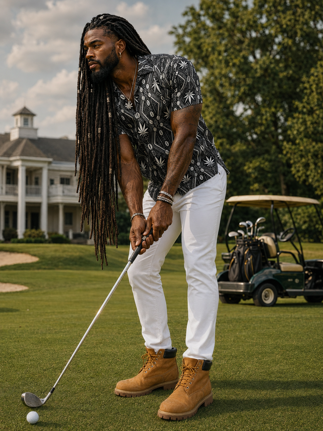 A regular-fit birdseye polyester polo with a V-neck collar, short sleeves and Teddy Blaze’s DaChek all-over pattern.