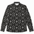 A lightweight vegan silk button-down in the Teddy Blaze DaChek house pattern. Clean black-and-white style for polished streetwear looks.