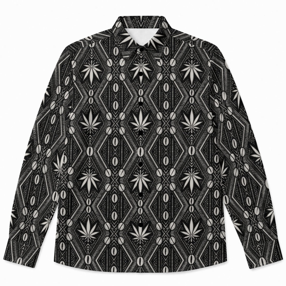 A lightweight vegan silk button-down in the Teddy Blaze DaChek house pattern. Clean black-and-white style for polished streetwear looks.