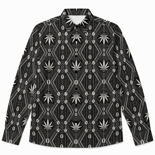 A lightweight vegan silk button-down in the Teddy Blaze DaChek house pattern. Clean black-and-white style for polished streetwear looks.