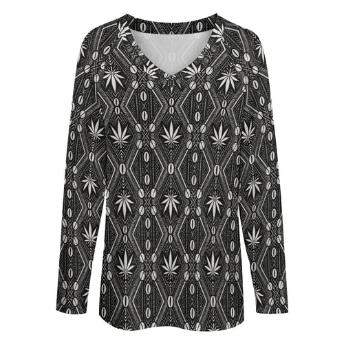 Shop the loose DaChek V-neck jumper in stretch fabric with long sleeves and bold black-and-white Teddy Blaze house pattern.