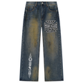 Shop DaCruz Afrodemia Vintage Wash Wide Leg Denim Jeans by Teddy Blaze, featuring heavyweight vintage-wash denim, DaCruz graphics and Afrocentric iconography.