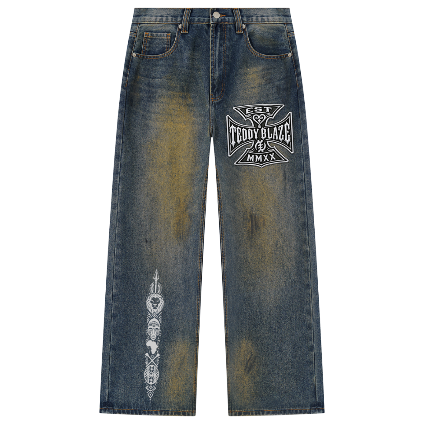 Shop DaCruz Afrodemia Vintage Wash Wide Leg Denim Jeans by Teddy Blaze, featuring heavyweight vintage-wash denim, DaCruz graphics and Afrocentric iconography.