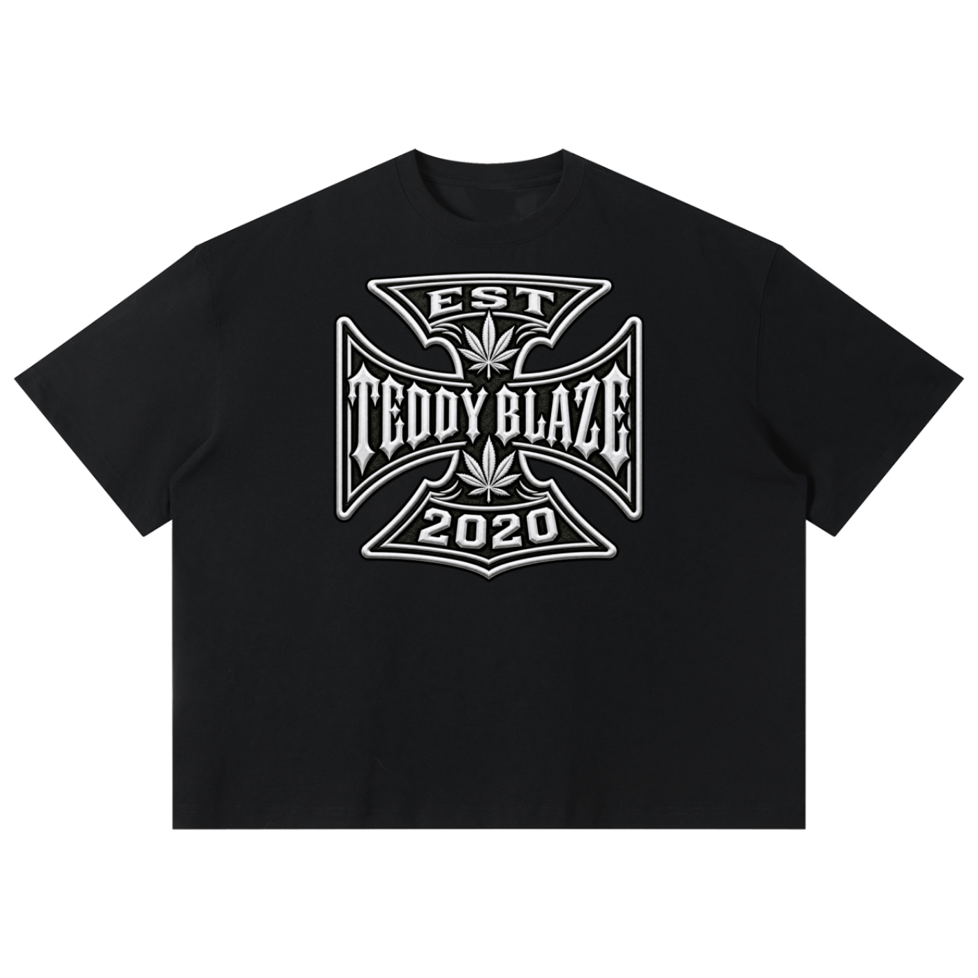 Shop the DaCruz Boxy Tee by Teddy Blaze. 220 GSM cotton-poly oversized drop-shoulder t-shirt with iron cross gothic emblem from TOPS BY TEDDY BLAZE.