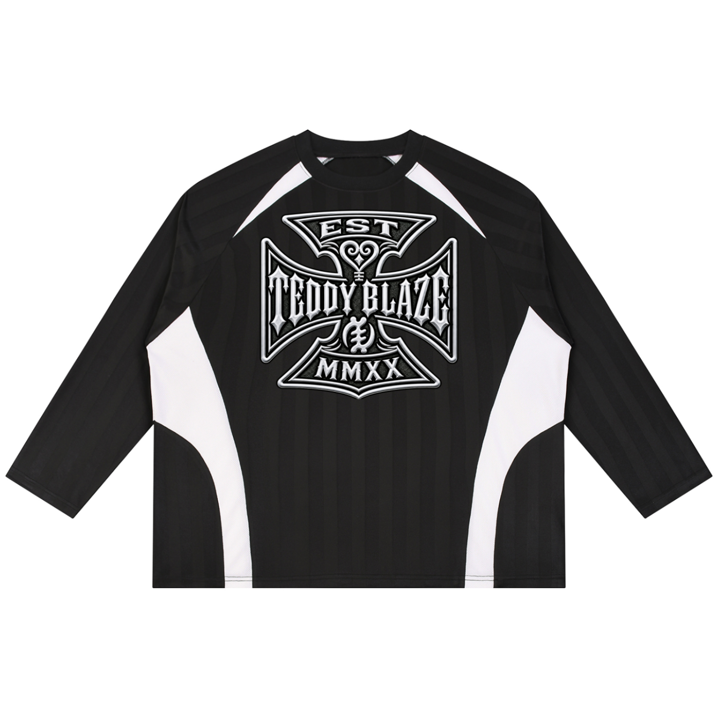 A black long-sleeve athletic jersey with white side panels and a large white graphic on the chest reading 'EST TEDDY BLAZE MMXX'.