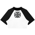 Women’s color block raglan crop tee in cotton stretch, finished with black sleeves and the new TEDDY BLAZE crest in chrome-style detail.