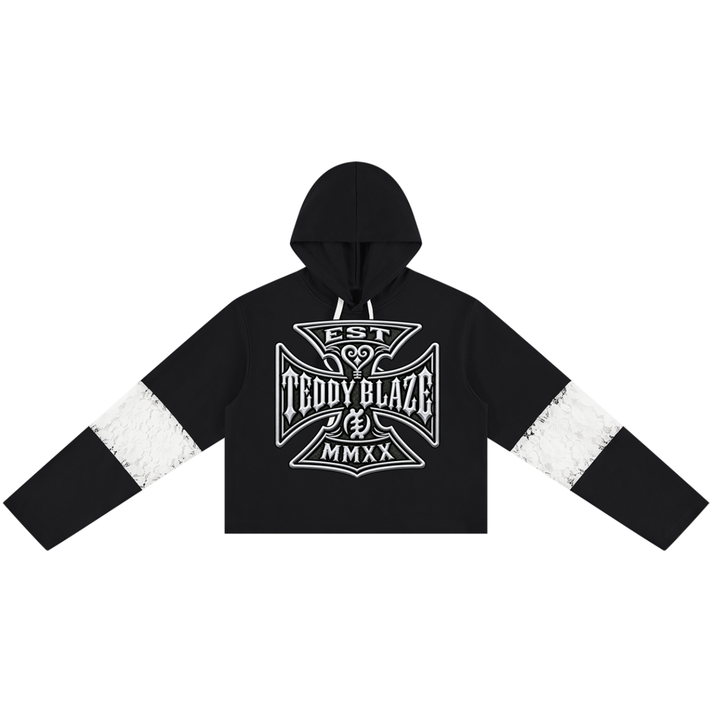 A black cropped hoodie with white distressed sleeve stripes and a large white graphic on the chest reading 'TEDDY BLAZE' with 'EST. MMXX' above it, shown on a plain white background.