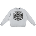 Shop the DaCruz Fleece Side Slit Jumper by Teddy Blaze. 350 GSM heavy fleece heather grey oversized jumper with side slits and Maltese cross graphic from ON TOP.