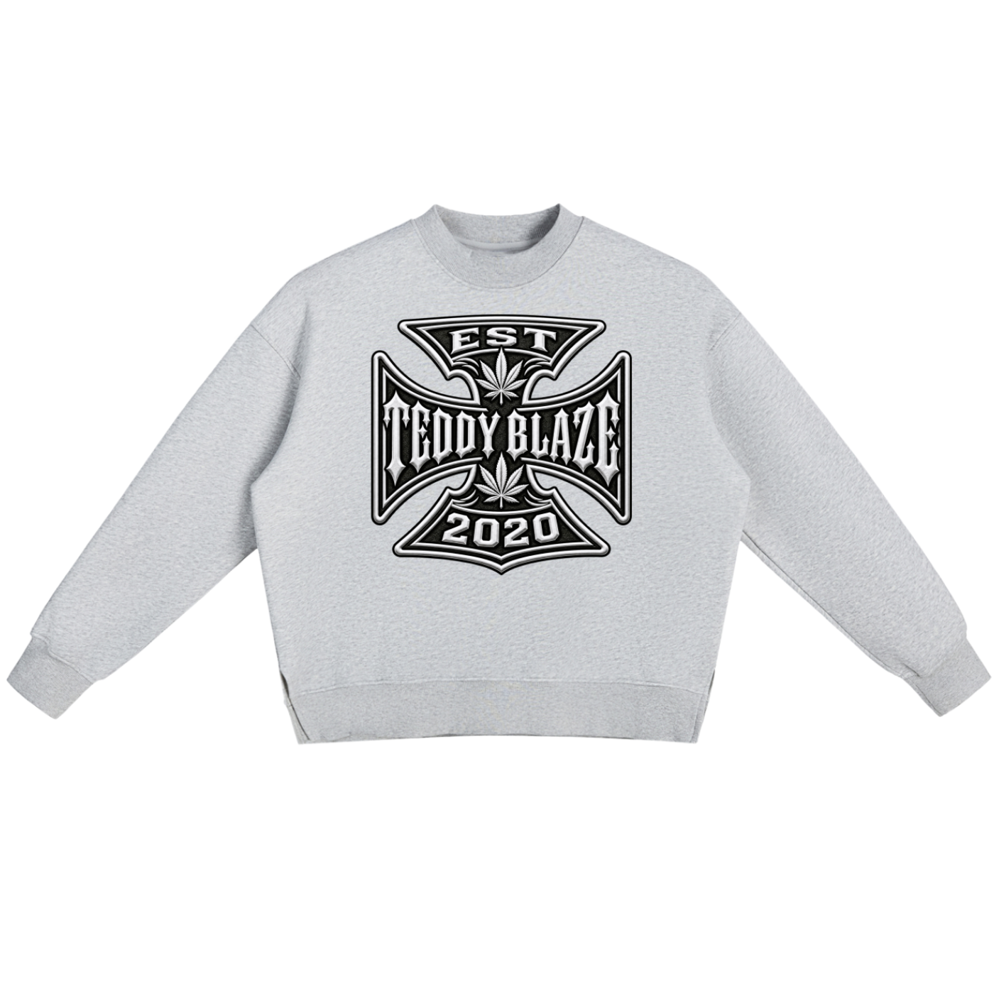 Shop the DaCruz Fleece Side Slit Jumper by Teddy Blaze. 350 GSM heavy fleece heather grey oversized jumper with side slits and Maltese cross graphic from ON TOP.