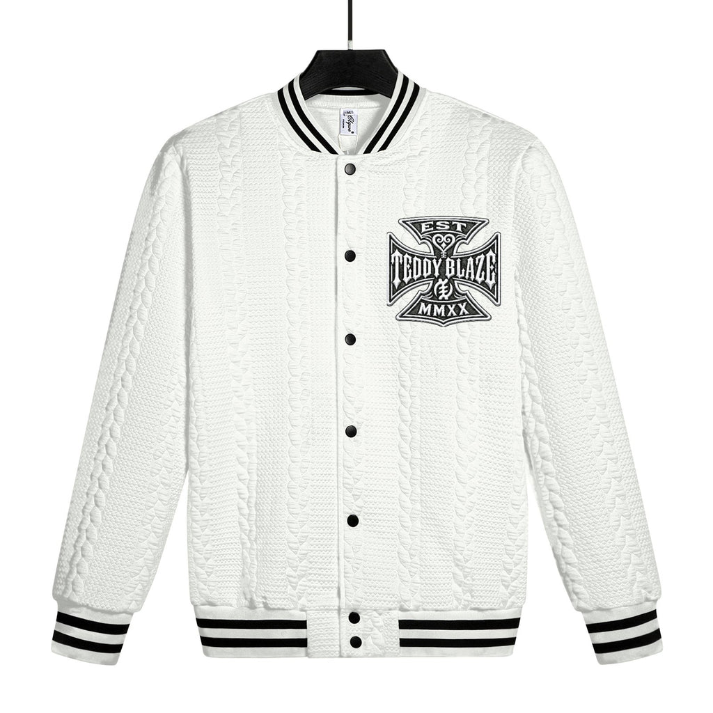 Shop the DaCruz Jacquard Knit Varsity Jacket by Teddy Blaze, featuring heavyweight 300 GSM textured jacquard and a bold DaCruz Cross chest graphic.