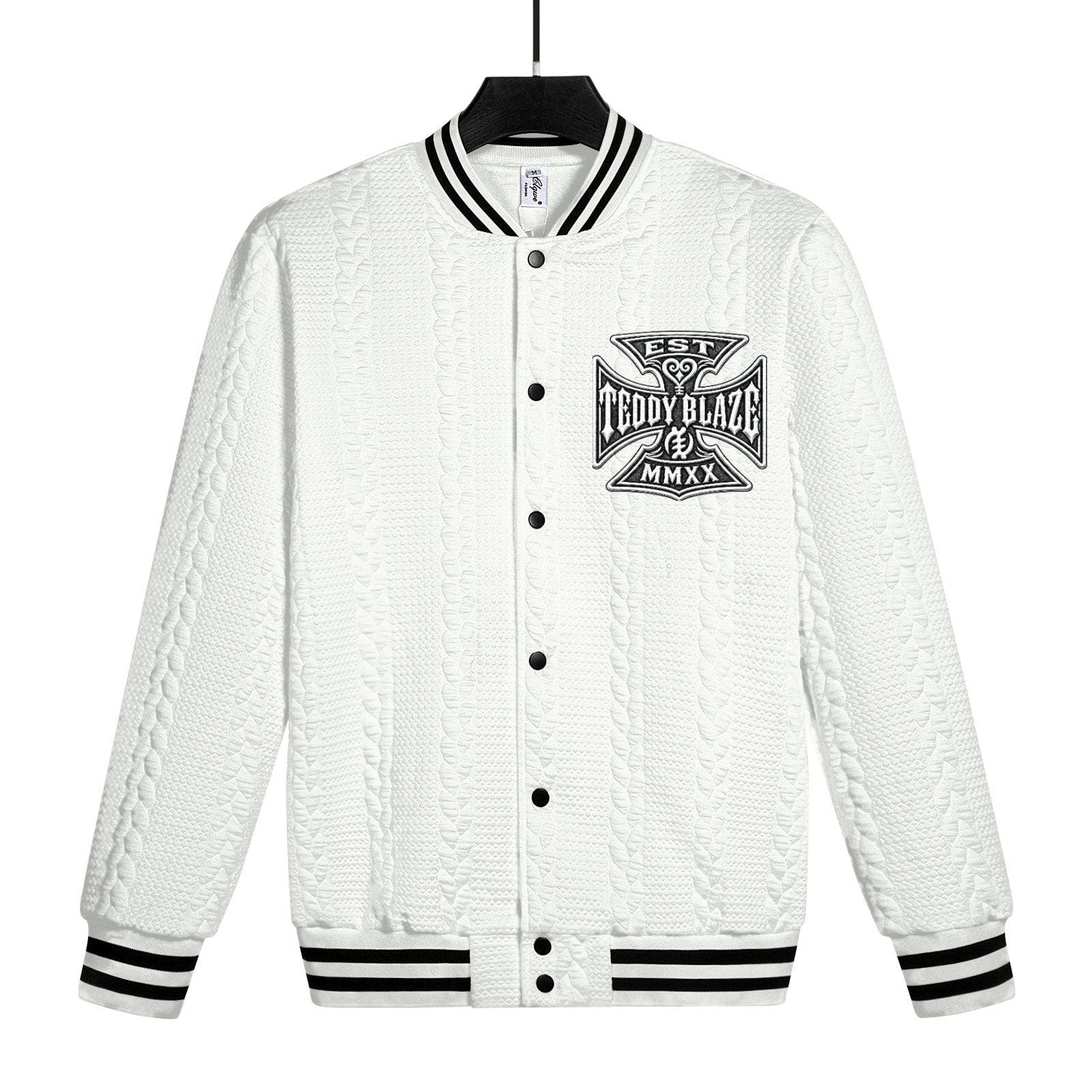 Shop the DaCruz Jacquard Knit Varsity Jacket by Teddy Blaze, featuring heavyweight 300 GSM textured jacquard and a bold DaCruz Cross chest graphic.