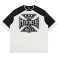 A short-sleeve raglan t-shirt with a black and white design, featuring a large black graphic on the front that reads 'EST. TEDDY BLAZE MMXX' inside an ornate cross motif.