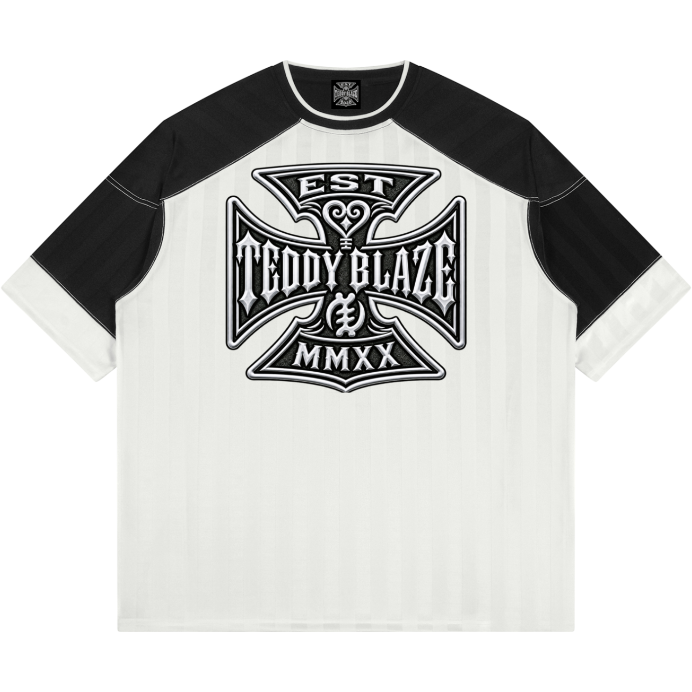 A short-sleeve raglan t-shirt with a black and white design, featuring a large black graphic on the front that reads 'EST. TEDDY BLAZE MMXX' inside an ornate cross motif.