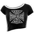 Women’s off-the-shoulder DaCruz crop tee in rayon stretch with striped trim, angled hem, and the new Teddy Blaze crest.