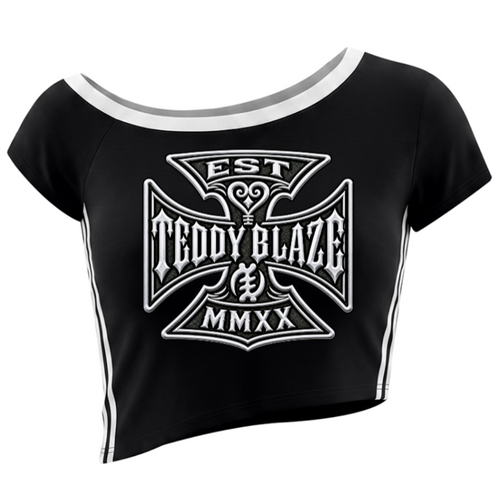 Women’s off-the-shoulder DaCruz crop tee in rayon stretch with striped trim, angled hem, and the new Teddy Blaze crest.